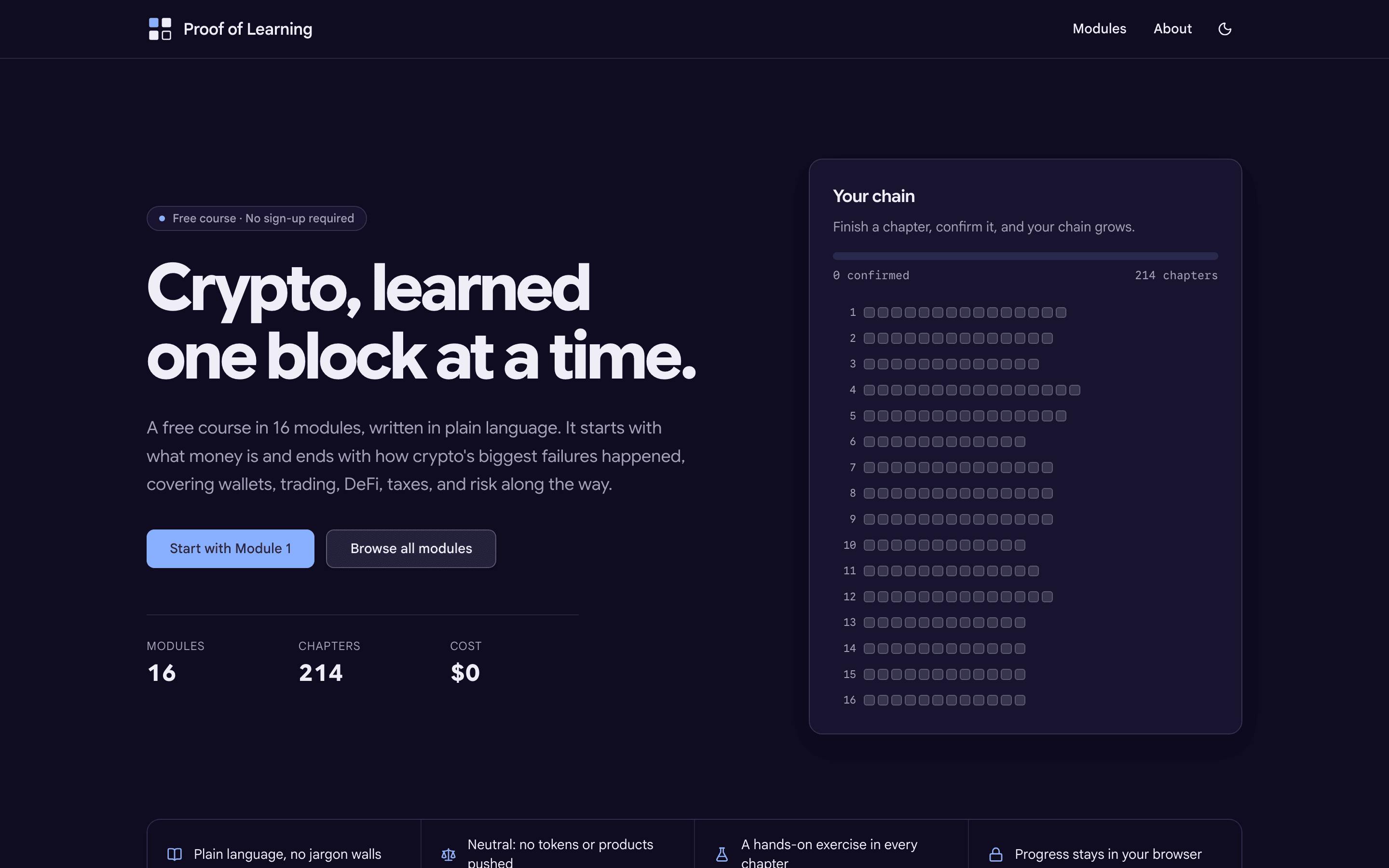 The Proof of Learning homepage: Crypto, learned one block at a time.